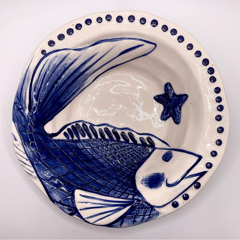 Blue Sky 2014 Ceramic Blue and White Fish Decorative Bowl